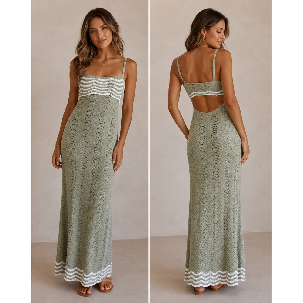 SABO Cielo Dress Sage A-Line Maxi Scalloped Trim Back Cutout Size L AUS 12 US 8